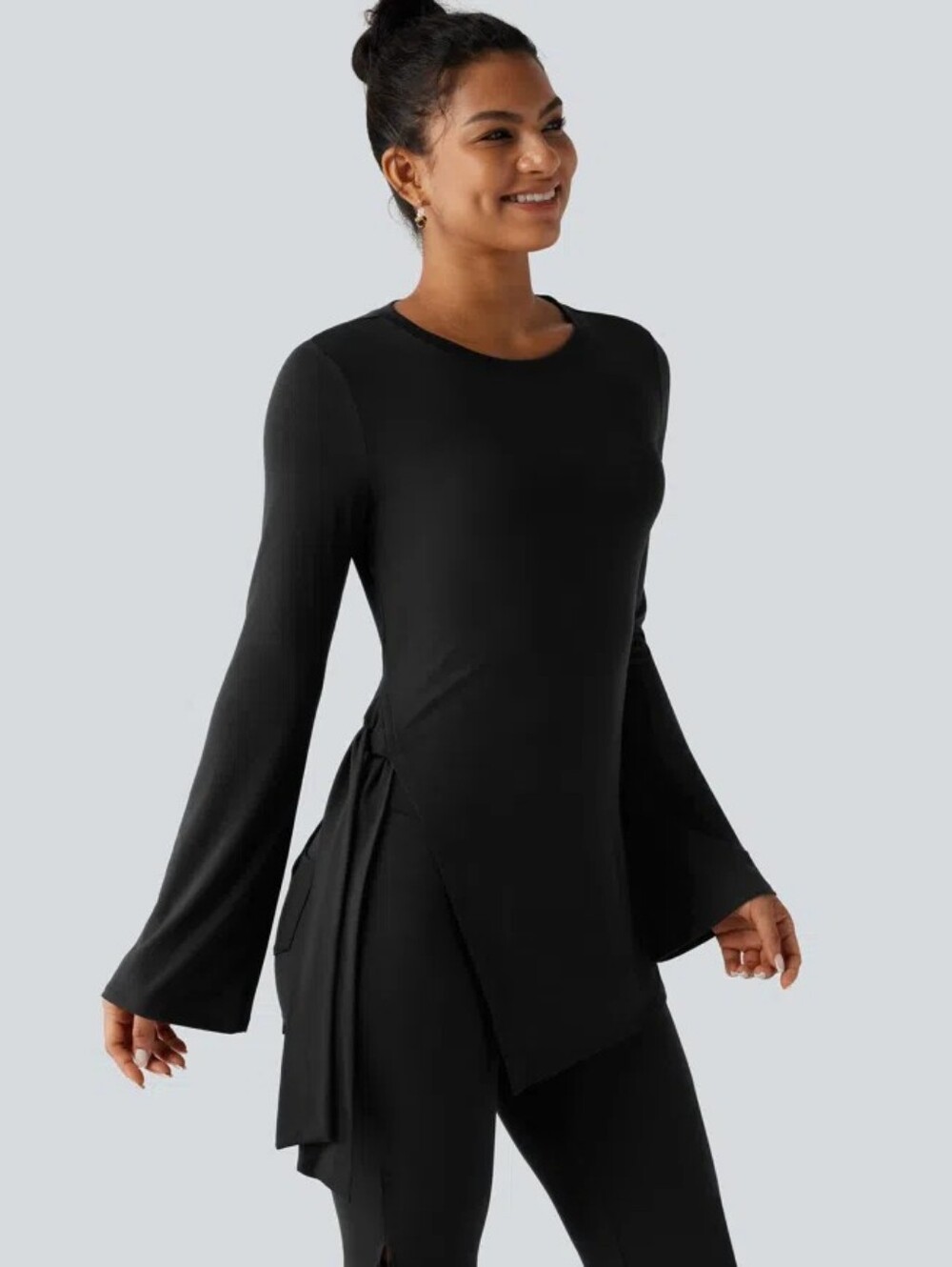 Halara Round Neck Long Sleeve Tie Side Asymmetric Hem Casual Top Med New
